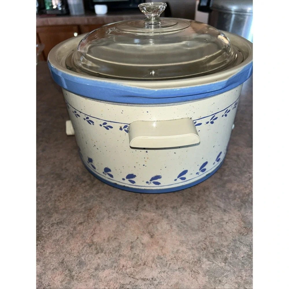 Vintage Rival 5 Qt Crock Pot Slow Cooker Blue Stoneware Model 3355 Glass Lid Wrk